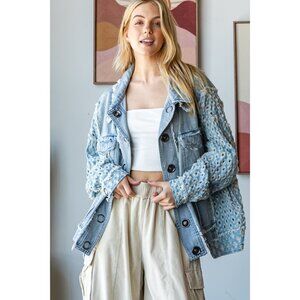 Oli & Hali Washed Contrast Sleeve Denim Button Down Jacket NWOT Size Large